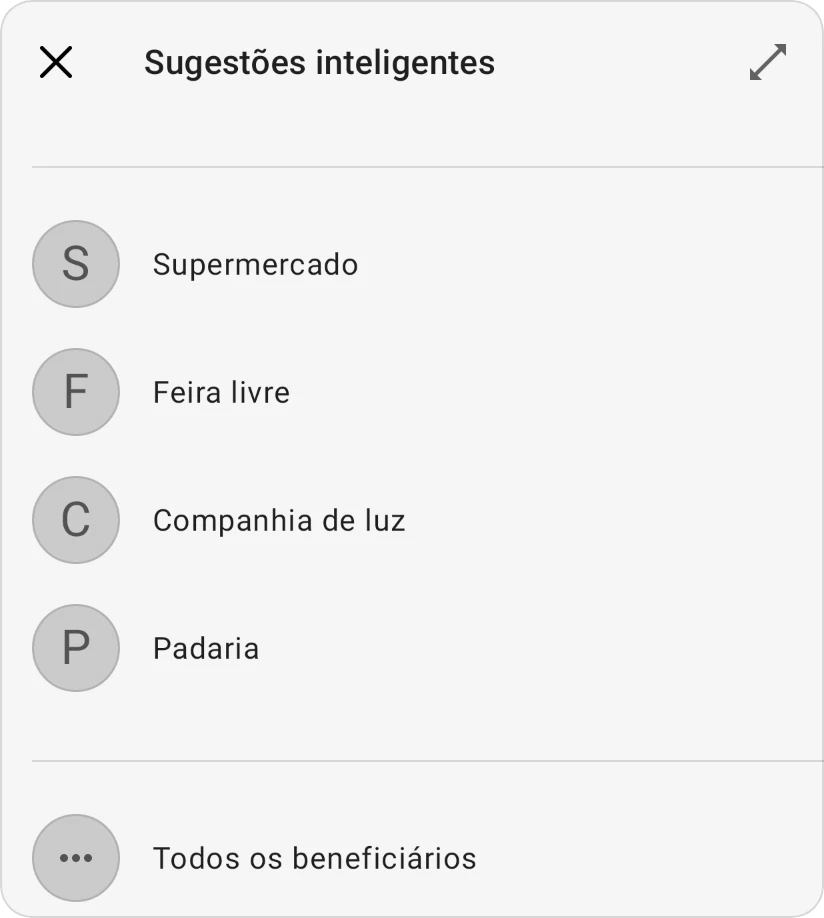 Sugestões inteligentes para um beneficiário: quatro beneficiários de transações anteriores e Todos os beneficiários