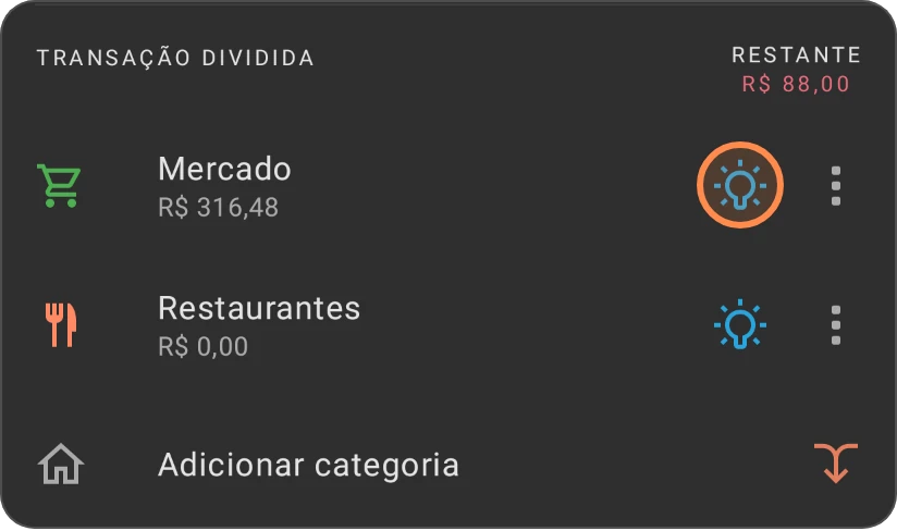 Uma despesa dividida com Mercado e Restaurantes, com a lâmpada da parte Mercado destacada
