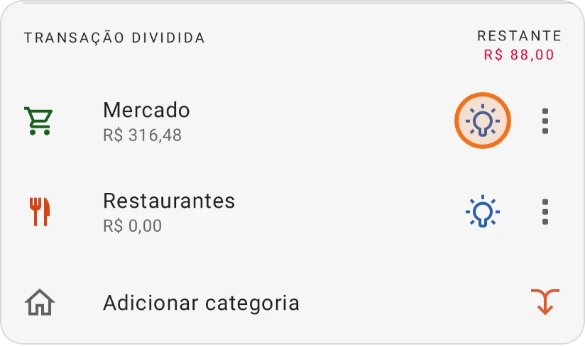 Uma despesa dividida com Mercado e Restaurantes, com a lâmpada da parte Mercado destacada