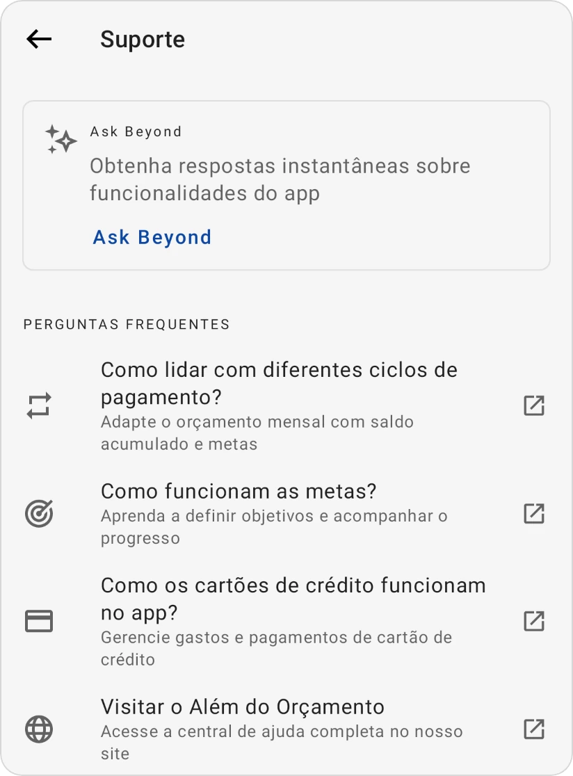 A tela Suporte: o cartão Ask Beyond e as Perguntas frequentes, cada uma abrindo sua página de ajuda
