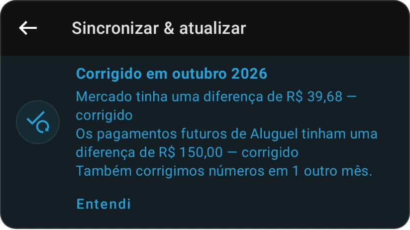 O cartão Corrigido em outubro de 2026 depois de atualizar uma categoria: Mercado estava errado e foi corrigido, o próximo pagamento do aluguel corrigido, mais um mês, e Entendi