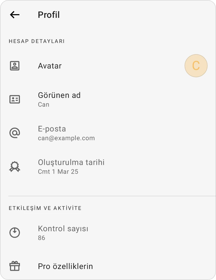 Profil: Avatar, Görünen ad, E-posta ve Oluşturulma tarihi ile Hesap ayrıntıları; giriş sayısı ve Pro özellikleriniz ile Etkileşim ve etkinlik