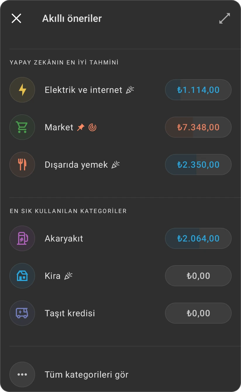 Bir kategori için Akıllı öneriler: Yapay zekânın en iyi tahmini ve En sık kullanılan kategoriler, her biri kendi kategorileriyle, ve Tüm kategorileri gör