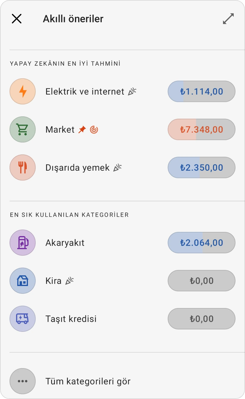 Bir kategori için Akıllı öneriler: Yapay zekânın en iyi tahmini ve En sık kullanılan kategoriler, her biri kendi kategorileriyle, ve Tüm kategorileri gör
