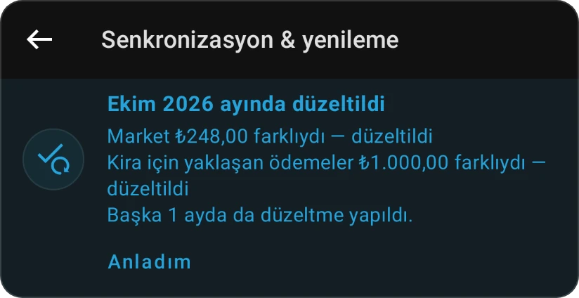 Kategori yenilemesinden sonra Ekim 2026'da düzeltildi kartı: Market yanlıştı ve düzeltildi, kiranın yaklaşan ödemesi düzeltildi, bir ay daha ve Anladım
