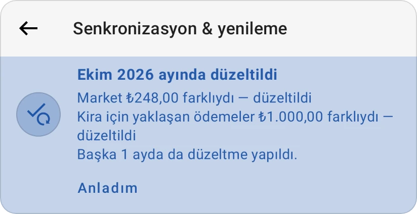 Kategori yenilemesinden sonra Ekim 2026'da düzeltildi kartı: Market yanlıştı ve düzeltildi, kiranın yaklaşan ödemesi düzeltildi, bir ay daha ve Anladım
