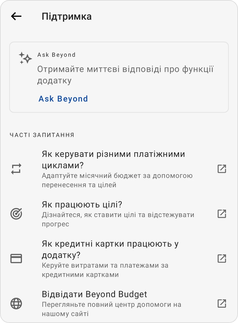 Екран Підтримка: картка Ask Beyond і Поширені запитання, кожне відкриває свою сторінку довідки